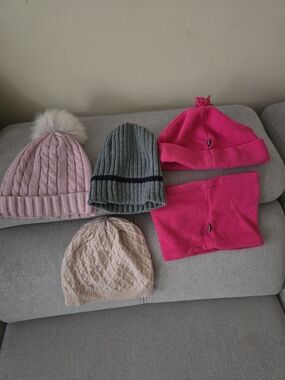Assorted Knit and Fleece Beanie Set - Pink, Gray, Blush